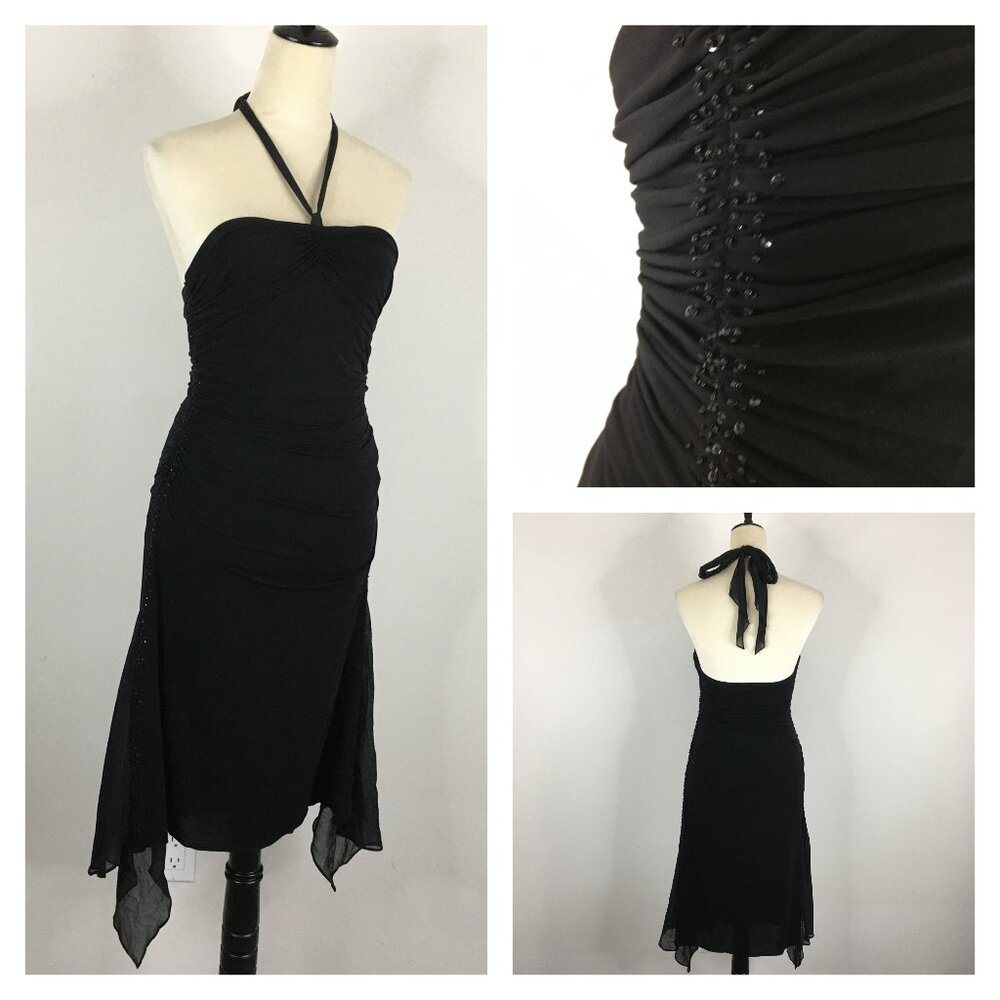 BCBGMAXAZRIA Petite Black High Low Hem Embellished Beads Ruching Halter Dress